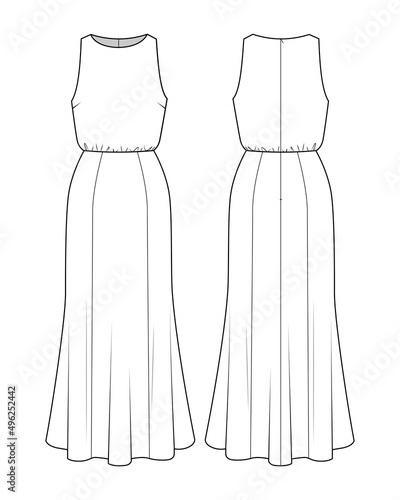 Fashion technical drawing of long sleeveless dress. Godet dress fashion flat sketch.