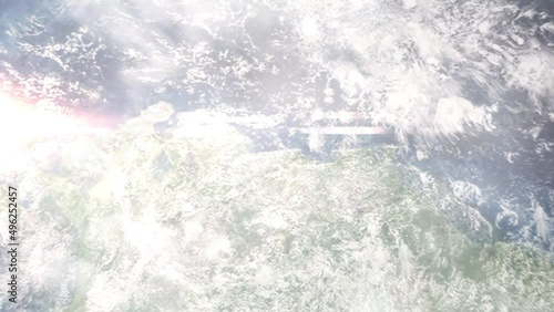 Earth zoom in from outer space to city. Zooming on Los Teques, Miranda, Venezuela. The animation continues by zoom out through clouds and atmosphere into space. Images from NASA photo
