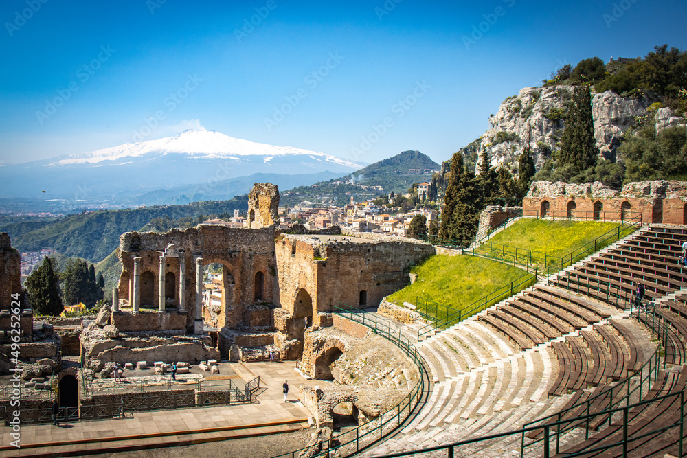 view of mount etna from amphitheatre, volcano, snow capped, snow, taormina, sicily, italy, europe 