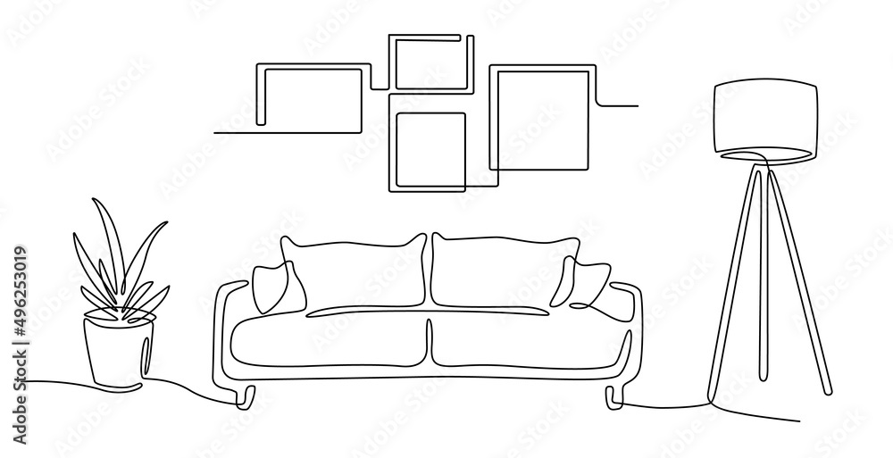 Continuous line interior with sofa, plant, lamp and frames for photo. One line drawing of Living room with modern furniture editable stroke. Single line. Handdraw contour. Flower in pot. Doodle vector