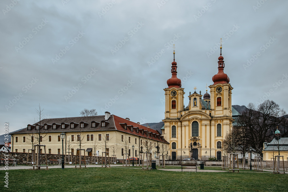 Hejnice Monastery,Czech Republic.Educational,Conference,Pilgrimage Center close to Libverda Spa Resort.Baroque church,Basilica of the Visitation of the Virgin Mary, with sculpture of the Black Mary