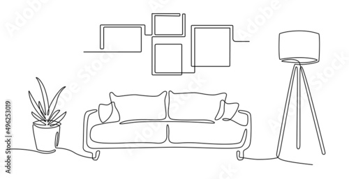 Continuous line interior with sofa, plant, lamp and frames for photo. One line drawing of Living room with modern furniture editable stroke. Single line. Handdraw contour. Flower in pot. Doodle vector