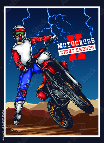 Vector illustration of man jumping with the motocross with sunset scenery background