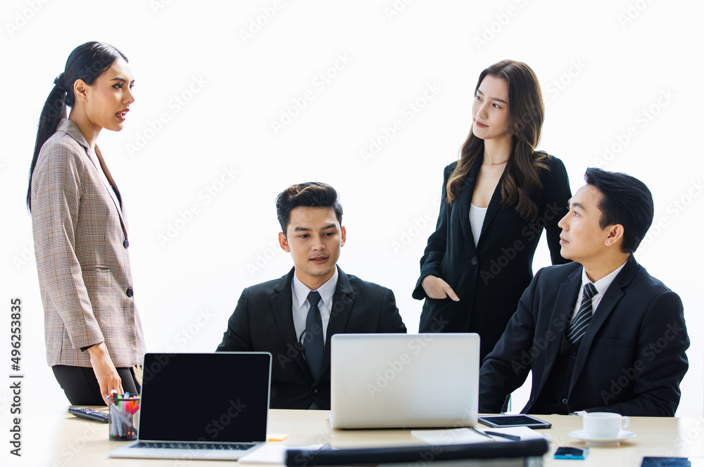 Group of Asian young happy male female professional successful businessman businesswoman employee teamwork colleagues in formal suit taking break smiling talking greeting together in meeting room Group of Asian young happy male female professional successful businessman businesswoman employee teamwork colleagues in formal suit taking break smiling talking greeting together in meeting room