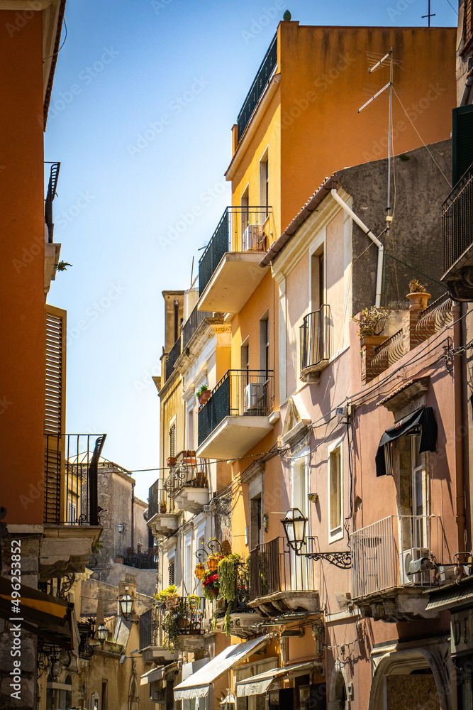 street in the town of taormina, sicily, italy, europe