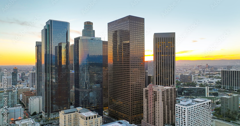 Los angeles buildings. Los Angels downtown skyline, panoramic city skyscrapers.
