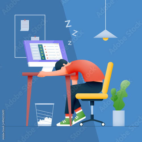 Office worker falls asleep at the workplace. Tired sleepy man sleeping at work.