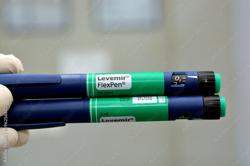 Cairo, Egypt, September 12 2021: Levemir flexpen, a medication of Insulin  detemir long-acting insulin to treat both type 1 and type 2 diabetes  mellitus used by injection under skin, selective focus Photos | Adobe Stock