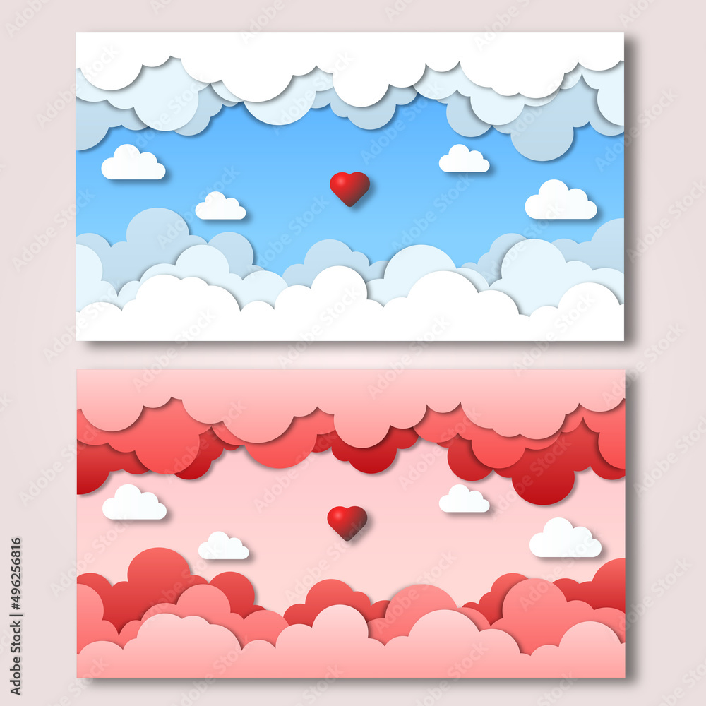 Love Heart. Blue and pink sky with clouds background. Flat style vector illustration.banners.posters.