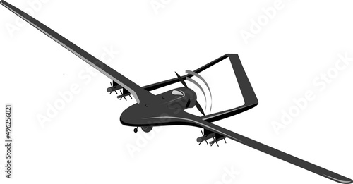 Unmanned military dark bomber bayraktar ; Vector black silhouette of a fighter automatic smart drone with white background;  Aerial vehile in Ukrainian army