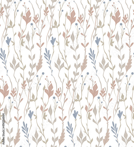 Vector seamless herbal pattern in pastel colors on white background. Delicate botanical texture with stems and twigs.