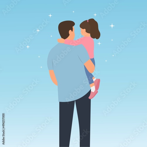 Father  holding  his son in his arms. Happy father's day backside view isolated vector illustration.