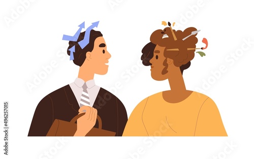 Person with logical analytical mind vs creative imaginative mindset. People with different thinking. Business, structure and creativity concept. Flat vector illustration isolated on white background.