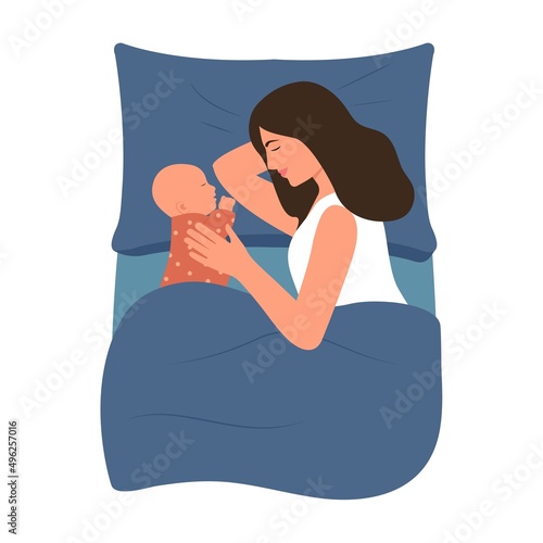 Mother and newborn baby sleeping together,mommy and infant lying in bed.Concept  of breastfeeding, care and relaxation. Mothers day and parenting. Vector illustration