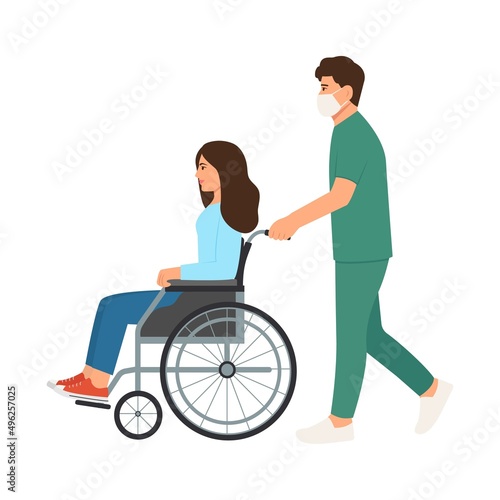 Health professional with wheelchair patient. Healthcare worker is transporting woman unable to walk. Medicine, healthcare concept. Vector flat style  illustration isolated on white background