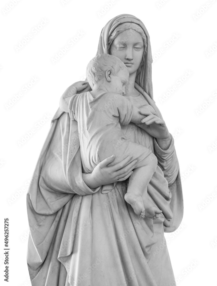 Ancient statue of the mother Vigin Mary carrying the baby Jesus Isolated on white background with clipping path. Religion sculpture