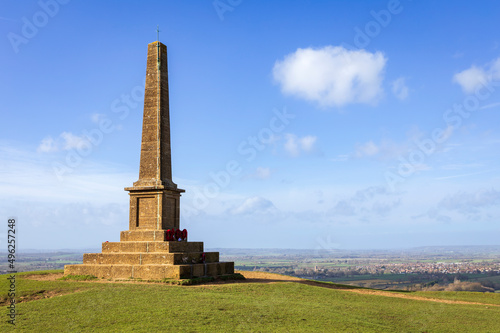 View of the war memorial on Ham Hill over the Somerset countryside in the south west of England UK photo