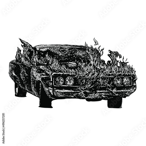 burning car illustration isolated on white background photo