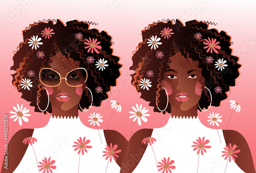 A bright illustration depicting dark-skinned beautiful girls with lush hairstyles. A fashionable postcard.