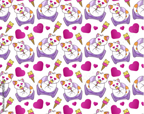 seamless pattern with cat and hearts, vector illustration
