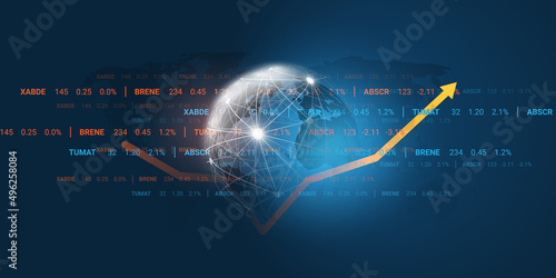 Financial Success in Stock Exchange - Digital Stock Trading, Banking - Business, Fintech Concept with Stats, Diagram Showing Growth and Earth Globe - Futuristic Dark Blue Design, Vector Illustration