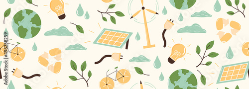 Seamless vector banner with ecology elements. Wind turbine, solar panel, light bulb, bycicle, recycle sign. Zero waste objects pattern. Environmental protection and technology development background