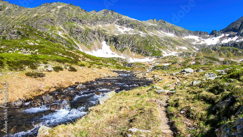 A serene view on snowy mountain from a small stream's side. The stream starts it's long way to the sea. Tall glacier towering above the landscape. Spring in the alpine valley.