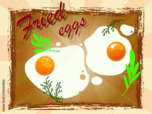 grunge style trendy illustration with fried eggs lettering. Vector scrambled eggs on an ocher-brown background. For design, decoration, postcards, menus, advertising.