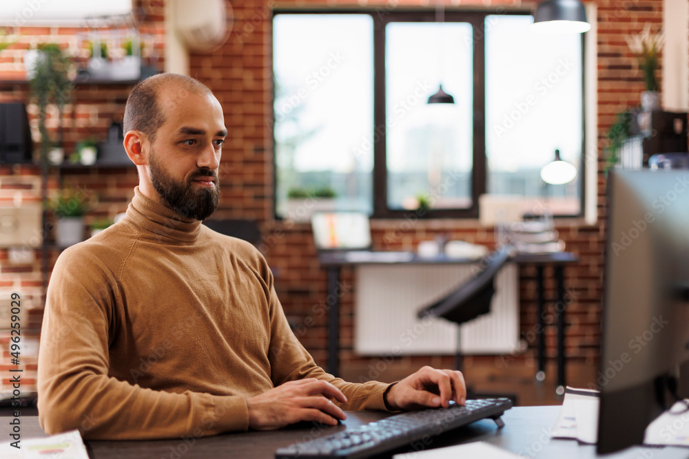 Marketing company office worker developing business solutions in order to avoid bankruptcy. Financial agency executive manager researching investment plan while in workspace. Marketing company office worker developing business solutions in order to avoid bankruptcy. Financial agency executive manager researching investment plan while in workspace.