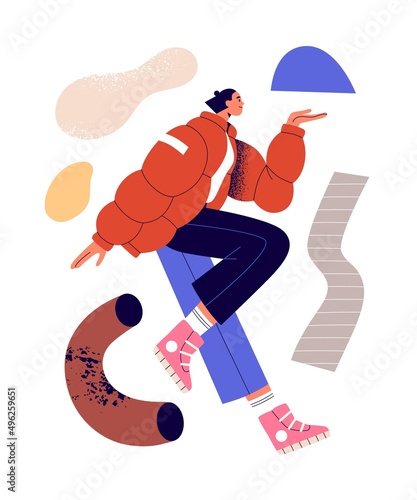 Young creative person with modern abstract geometric shapes. Active inspired ...
