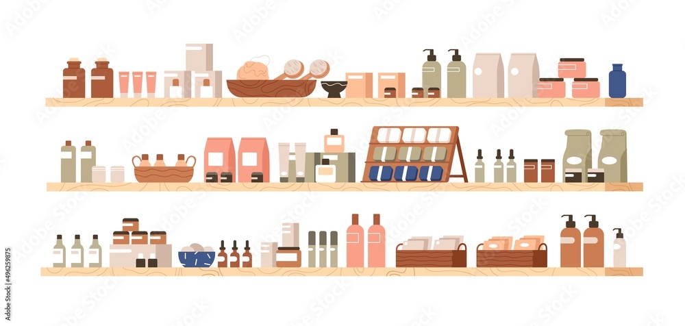 Cosmetic products on wood shelves. Body, face skin care cosmetics, bath accessories in bottles, packaging, jars. Variety of toiletries. Flat graphic vector illustration isolated on white background