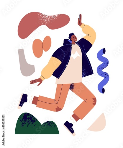 Young active creative person. Modern black man among abstract geometric shape...