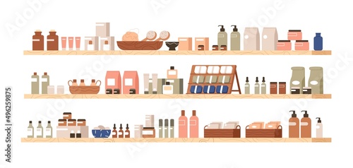 Cosmetic products on wood shelves. Body, face skin care cosmetics, bath accessories in bottles, packaging, jars. Variety of toiletries. Flat graphic vector illustration isolated on white background