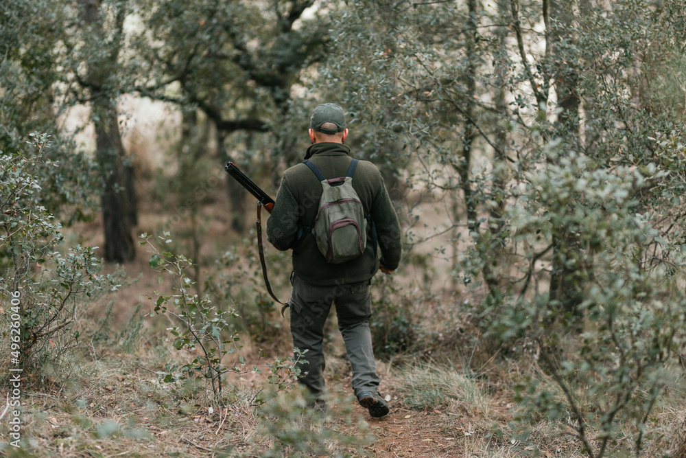 Male hunter holding a gun while walking through the forest looking for a prey.