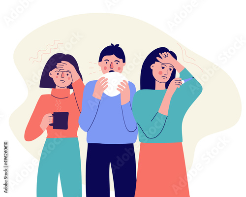 A group of people with the first signs of illness. Symptoms of a viral or cold illness. Vector flat characters with headache, cough and runny nose and high fever
