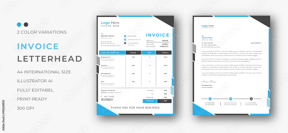 Professional invoice and letterhead design for the corporate office. letterhead, invoice design illustration. Simple and creative modern corporate clean design..