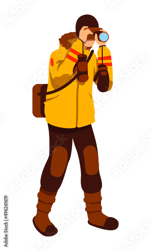 Man taking pictures in winter semi flat color vector character. Standing figure. Full body person on white. Shooting outdoors simple cartoon style illustration for web graphic design and animation