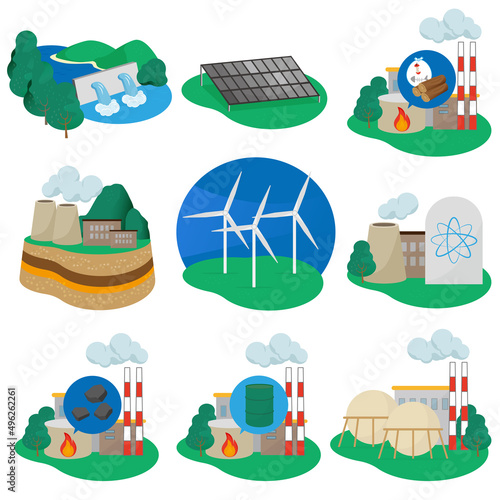 Various power plants. Hydro, solar, biomass, geothermal, wind, thermal, nuclear.
