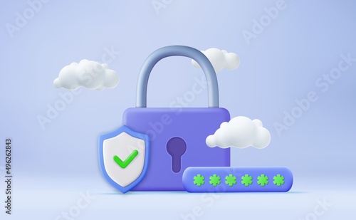 3d security shield lock check mark and cloud