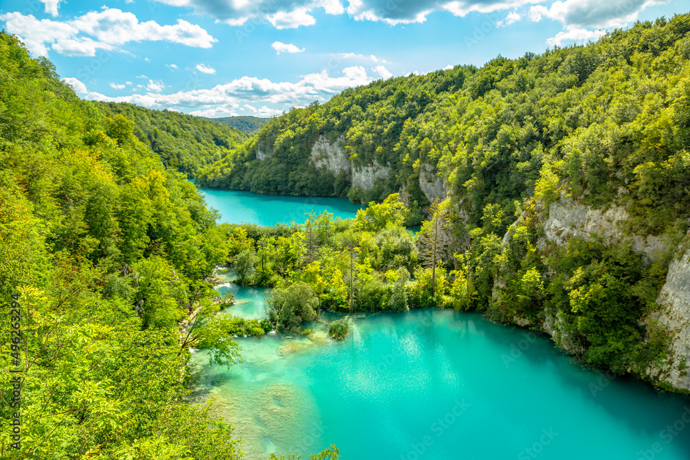 Korana and Milanovac lakes overlook on the Plitvice Lakes National Park of Croatia. Natural forest park with Supljara Cave and waterfalls in Lika region. UNESCO World Heritage site.