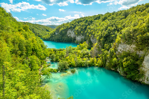 Korana and Milanovac lakes overlook on the Plitvice Lakes National Park of Croatia. Natural forest park with Supljara Cave and waterfalls in Lika region. UNESCO World Heritage site.