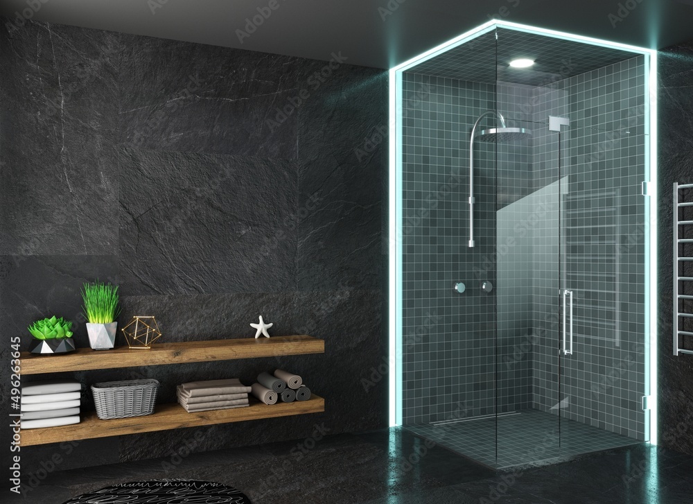 Modern dark glass shower room with led - obrazy, fototapety, plakaty 