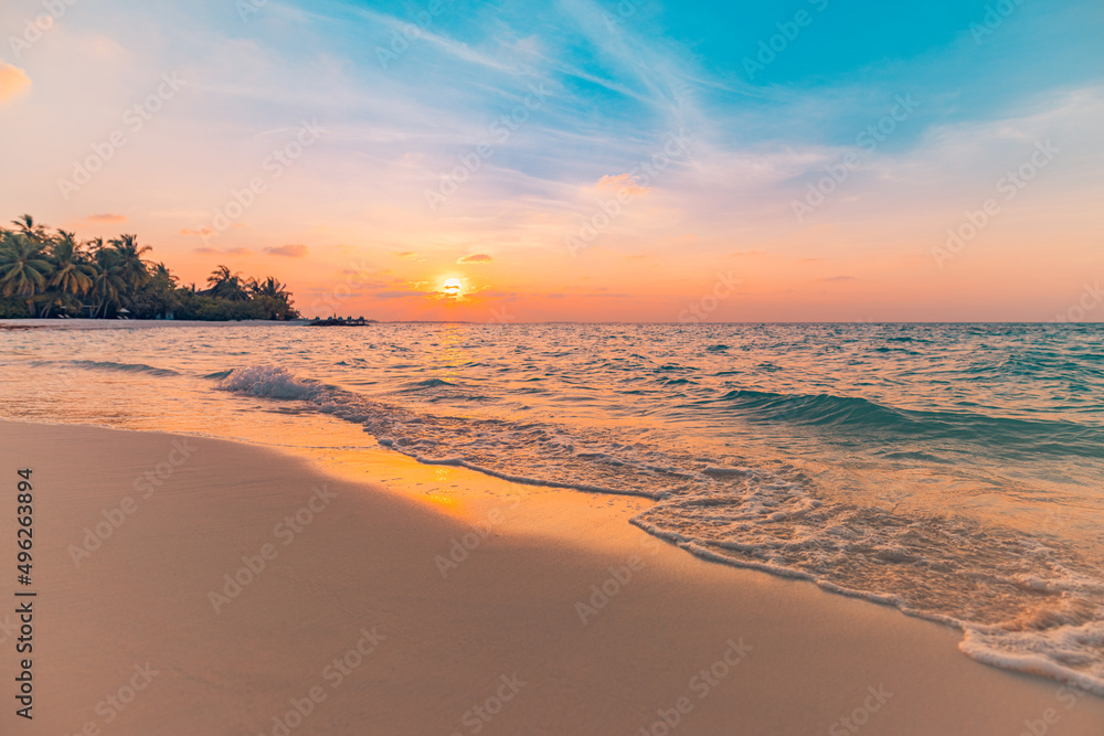 Sea sand sky concept, sunset colors clouds, horizon, horizontal background banner. Inspirational nature landscape, beautiful colors, wonderful scenery of tropical beach. Beach sunset, summer vacation
