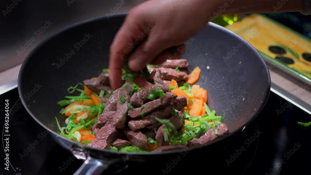 Preparing Recipe Sesame beef wok, minced summer vegetables, France Preparing Recipe Sesame beef wok, minced summer vegetables, France