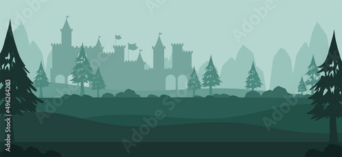 Landscape scene silhouette with medieval town