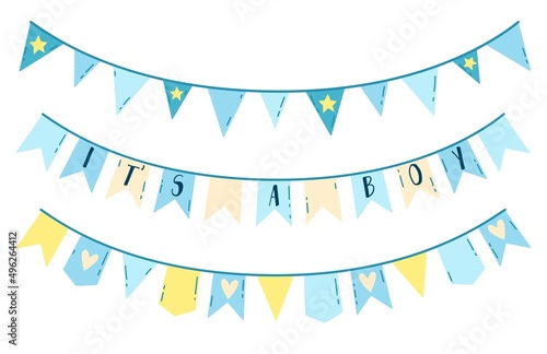 A set of colorful garlands for the birth of a boy. It's a boy text. Vector design elements for baby shower invitations, posters or banner