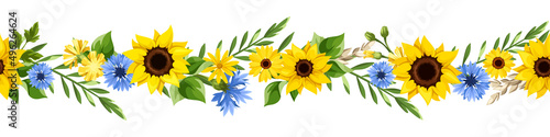 Horizontal seamless border with blue and yellow sunflowers, cornflowers, dandelion flowers, gerbera flowers, ears of wheat, and green leaves. Vector illustration