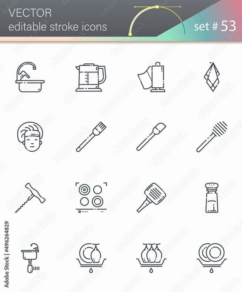 Set of vector editable stroke line icons of kitchen utensil, cooking tools and equipment isolated Set of vector editable stroke line icons of kitchen utensil, cooking tools and equipment isolated