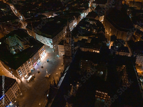 Aerial wide panorama of New Town Hall and Marienplatz at night Munich city, Bavaria, Germany