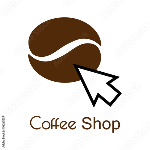 Comercio electrónico. Logotipo con texto Coffee Shop con frijol de café y flecha de puntero con líneas en color marrón 